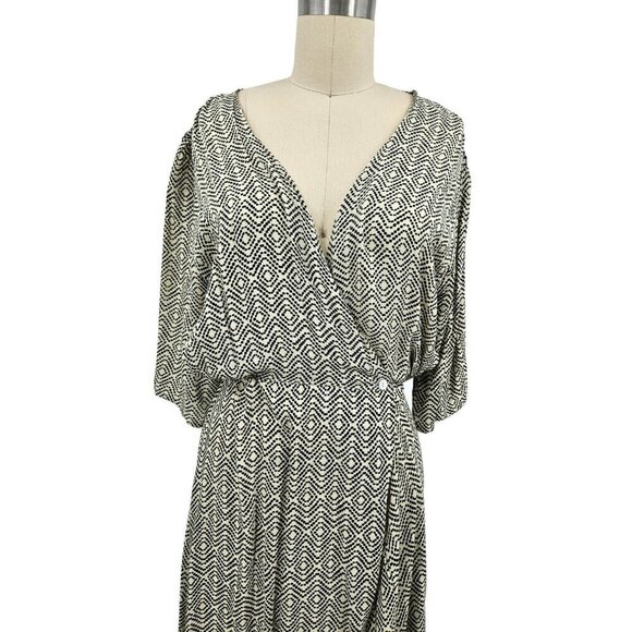 BeachGold Rayon Midi Dress Womens M Surplice Wrap Bodice Blue Ivory - Picture 2 of 9